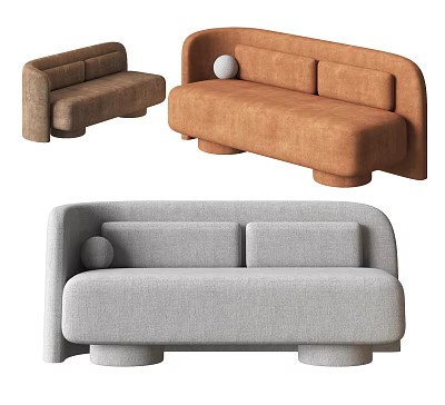 Modern Two Seater Sofa Designs In Brown And Gray With Rounded Edges And Decorative Ball 3d model