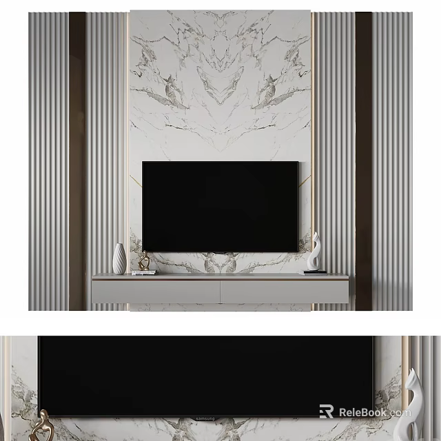 Modern TV Background Wall Design With Marble Panel And White TV Stand 3d model