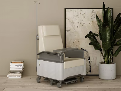 Modern Beige Gray Single Sofa with Armrests Wheels Near Potted Plant Stack of Books 3d model