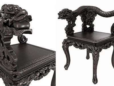 Traditional Chinese Single Chair With Exquisite Dragon Head Carving Dark Hardwood Ornate Design 3d model