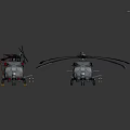 Two Military Helicopters with Rotors and Weapon Equipment in Detailed Design on Dark Background