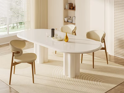 Modern Dining Table Set With White Tabletop Beige Chairs Wooden Legs And Light Room Rug 3d model