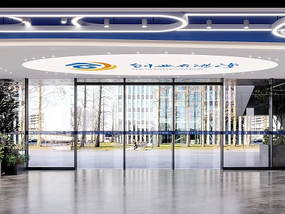 Modern Front Desk Reception Area With Glass Entrance And Company Logo Design 3d model