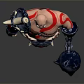 Muscular Man With Red Tattoos In Blue Armor Holding Horned Helmet