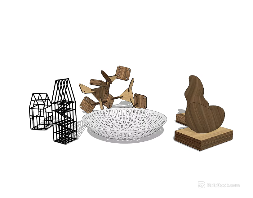 Modern Decorative Ornament Set With Wooden Geometric Shapes Metal Frame And Hollow Bowl 3d model 