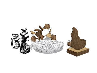 Modern Decorative Ornament Set With Wooden Geometric Shapes Metal Frame And Hollow Bowl 3d model