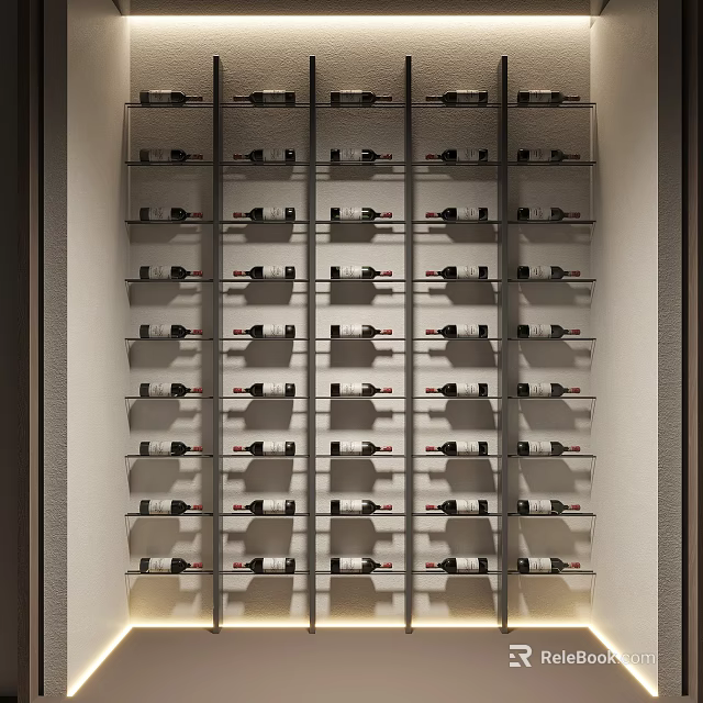 Modern Wine Cabinet Interior Design With Built in Multiple Shelves And Neatly Arranged Wine Bottles 3d model 
