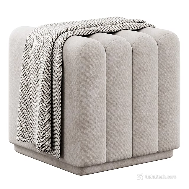 Soft Modern Gray Pleated Upholstered Stool With Herringbone Pattern Blanket 3d model 