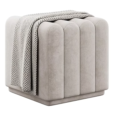 Soft Modern Gray Pleated Upholstered Stool With Herringbone Pattern Blanket 3d model