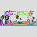 Colorful Beach Playground With Sand Palm Trees Striped Umbrellas Colorful Seats And Surfboards