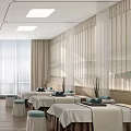 Modern SPA Sauna Interior Design With Relaxing Tables Stools Wooden Floor And Ceiling Lights