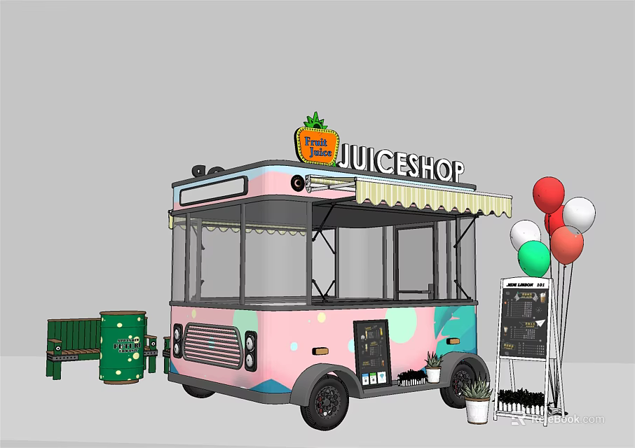 Colorful Mobile Juice Cart With Pink Blue Exterior Top Fruit Sign Blackboard Menu And Balloons 3d model 