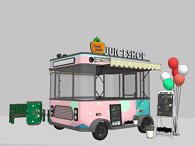 Colorful Mobile Juice Cart With Pink Blue Exterior Top Fruit Sign Blackboard Menu And Balloons 3d model