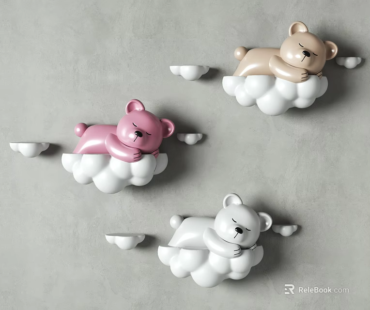 Cute Bear Shaped Wall Decor with Cloud Base and Small Tray Shelves 3d model