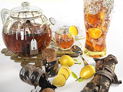 Refreshing Iced Tea Display With Glass Teapot Tea Bag Lemon Slices Ice And Glass 3d model