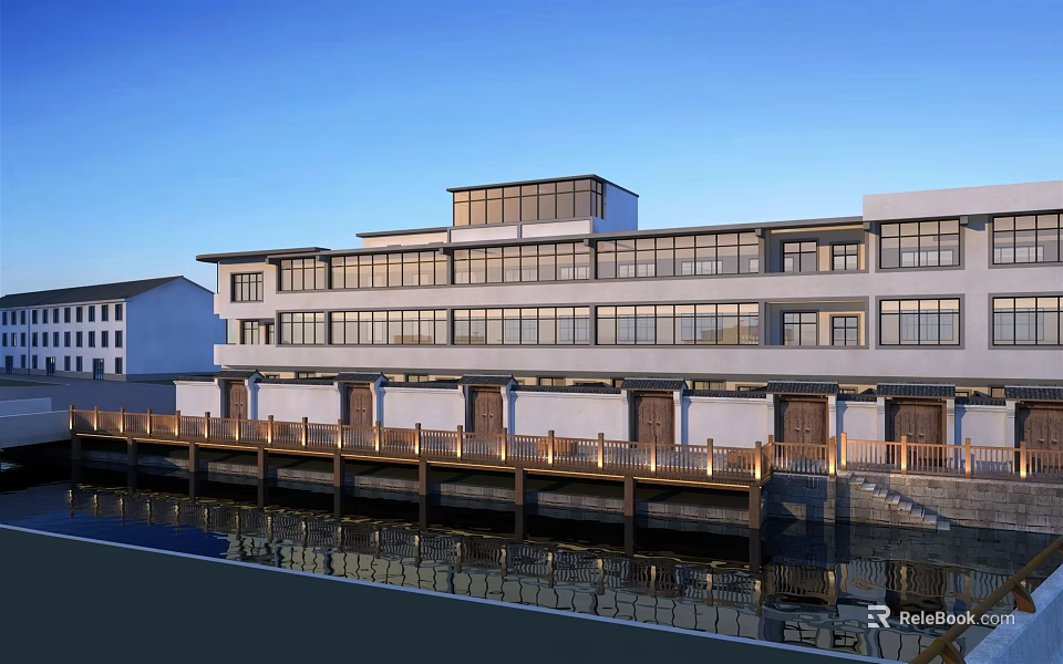 Modern Waterfront Townhouses With Contemporary Facade Large Windows And Reflections 3d model 