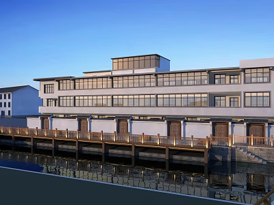 Modern Waterfront Townhouses With Contemporary Facade Large Windows And Reflections 3d model
