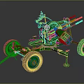 Green Military Artillery Device With Multiple Barrels And Large Wheels On Gray Reflective Surface