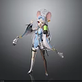 Children Friendly Cute Cartoon Character In Blue Outfit With Mouse Ears And Green Prop