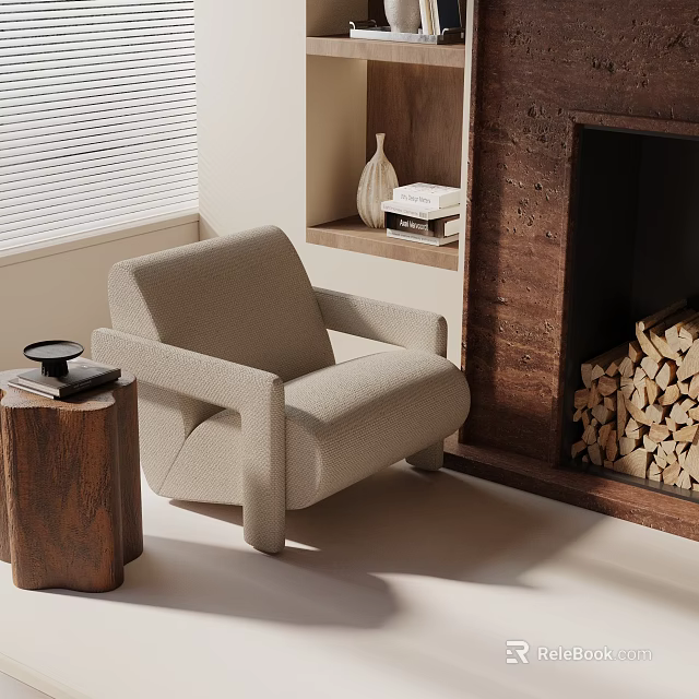 Modern Accent Chair in Cozy Living Room with Wooden Side Table Fireplace Vase and Books 3d model 