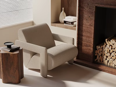 Modern Accent Chair in Cozy Living Room with Wooden Side Table Fireplace Vase and Books 3d model