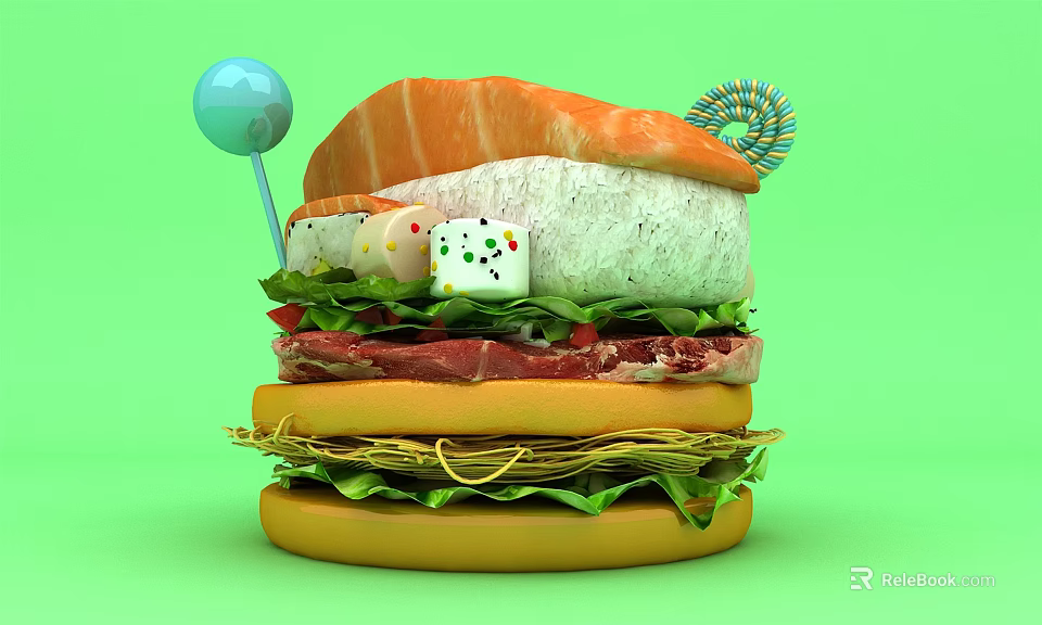 Giant Hamburger Stacked with Lettuce Meat Slices Cheese Topped with Dice Lollipop and Colorful Spiral 3d model 