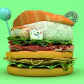 Giant Hamburger Stacked with Lettuce Meat Slices Cheese Topped with Dice Lollipop and Colorful Spiral