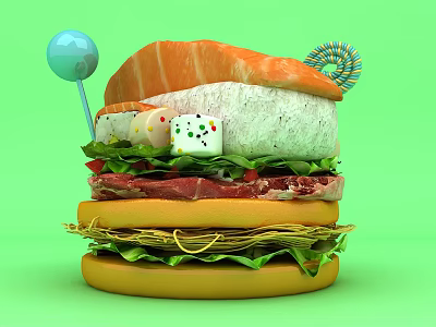 Giant Hamburger Stacked with Lettuce Meat Slices Cheese Topped with Dice Lollipop and Colorful Spiral 3d model