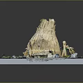 Cartoon Miniature Scene With Straw Woven Stump Stones Moss And Small Plants On Square Platform