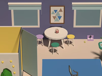 Purple Walled Indoor Space With Triangular Painting White Round Table Colorful Chairs And Blue Rug 3d model
