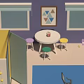 Purple Walled Indoor Space With Triangular Painting White Round Table Colorful Chairs And Blue Rug