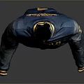 Stylish Dark Blue Jacket With Yellow IMM Lettering Leather Sleeves And Striped Trim
