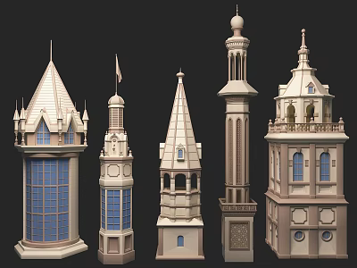 Detailed Architectural Tower Models In Various Styles With Spires And Decorative Elements 3d model