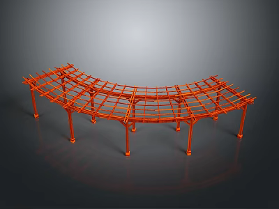 Orange Curved Metal Pergola Frame With Grid Lattice Design And Supporting Columns 3d model