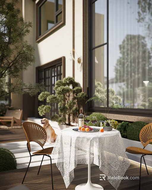 Garden Landscape Design With Outdoor Dining Table Chairs Green Plants And Dog 3d model 