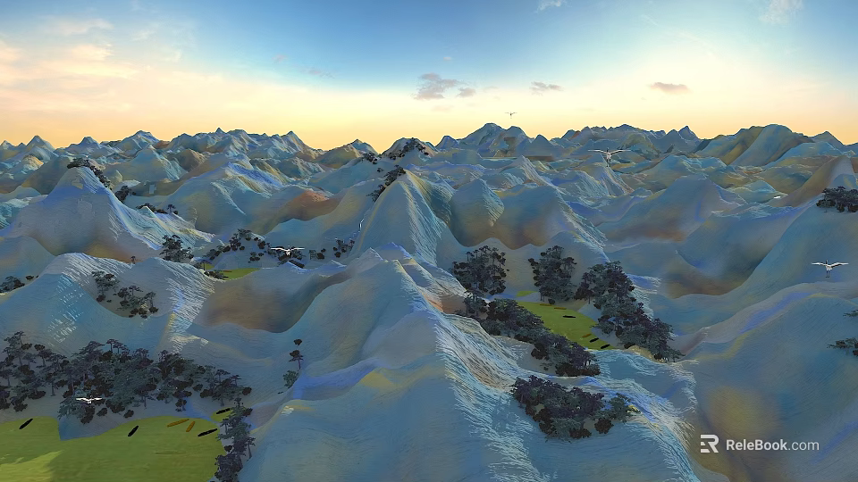 Rolling Mountains With Blue Yellow Orange Hues And Trees Under Blue Sky At Sunset 3d model 