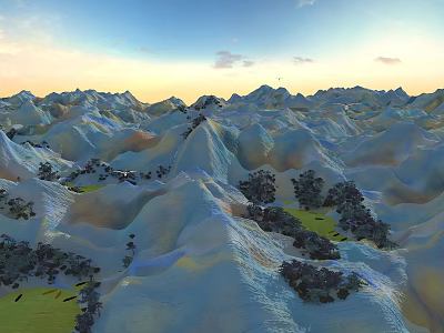Rolling Mountains With Blue Yellow Orange Hues And Trees Under Blue Sky At Sunset 3d model