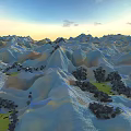 Rolling Mountains With Blue Yellow Orange Hues And Trees Under Blue Sky At Sunset