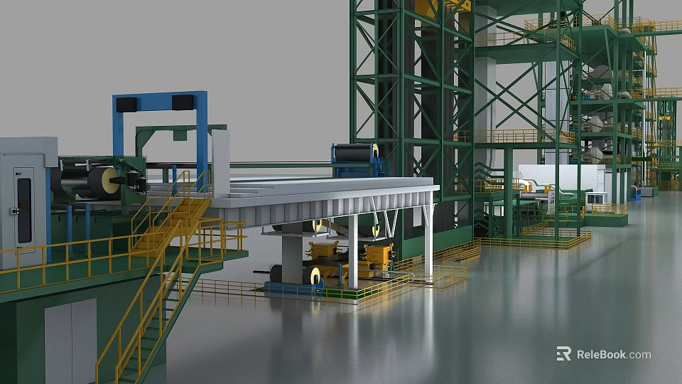 Heavy Duty Industrial Equipment in Manufacturing Plant with Green Metal Frame Yellow Stairs and Platforms 3d model 