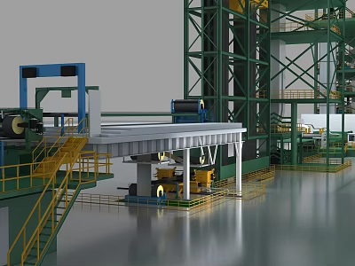 Heavy Duty Industrial Equipment in Manufacturing Plant with Green Metal Frame Yellow Stairs and Platforms 3d model