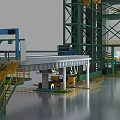 Heavy Duty Industrial Equipment in Manufacturing Plant with Green Metal Frame Yellow Stairs and Platforms