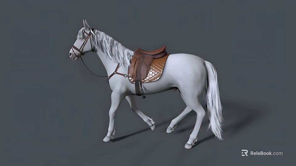 White Horse With Brown Saddle And Reins On Gray Background 3d model 
