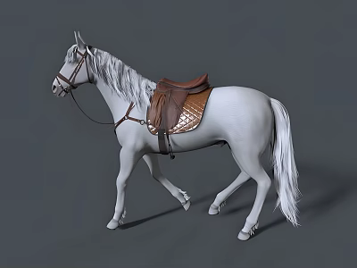 White Horse With Brown Saddle And Reins On Gray Background 3d model