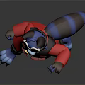 Cartoon Raccoon Character In Red Coat With Goggles Making Peace Sign And Blue Paws Design