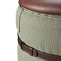 Comfortable Round Ottoman With Light Green Fabric Brown Leather Cushion And Belt Detail