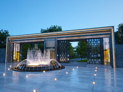 Modern Entrance Gate Design With Stone Frame Glass Panels And Fountain Lighting 3d model