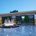 Modern Entrance Gate Design With Stone Frame Glass Panels And Fountain Lighting