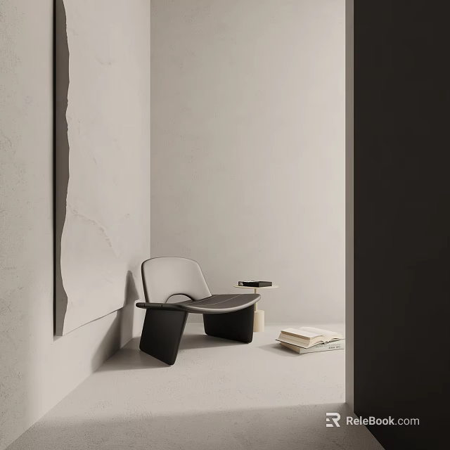 Minimalist Modern Leisure Chair Grey Black Design With Small Side Table Stacked Books Against Light Walls 3d model 