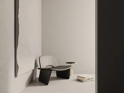 Minimalist Modern Leisure Chair Grey Black Design With Small Side Table Stacked Books Against Light Walls 3d model