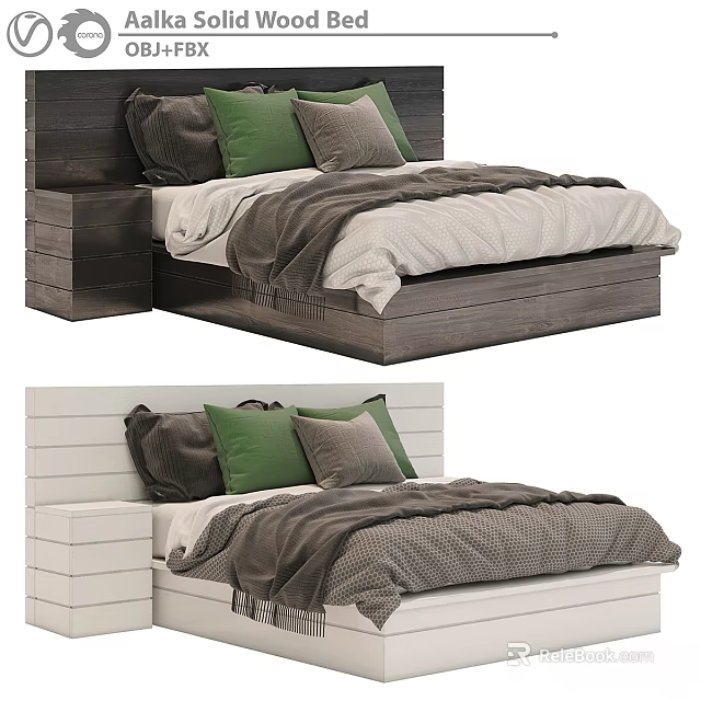 Double Bed With Dark And White Wooden Frame Headboard Green Gray Pillows And Gray Blanket 3d model 